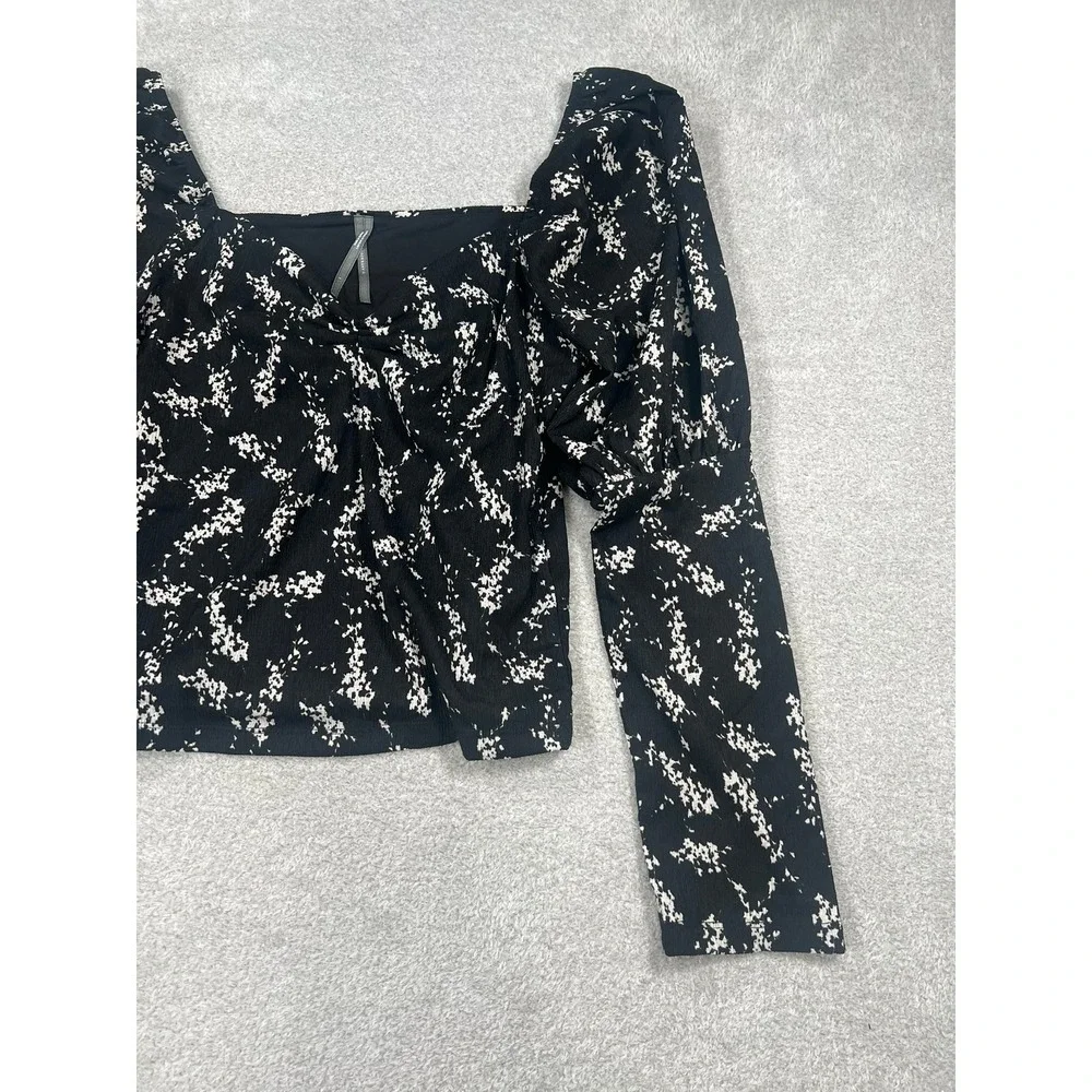 Anthropologie Blouse L Black Floral Puff Sleeve Sweetheart Crop Romantic Boho